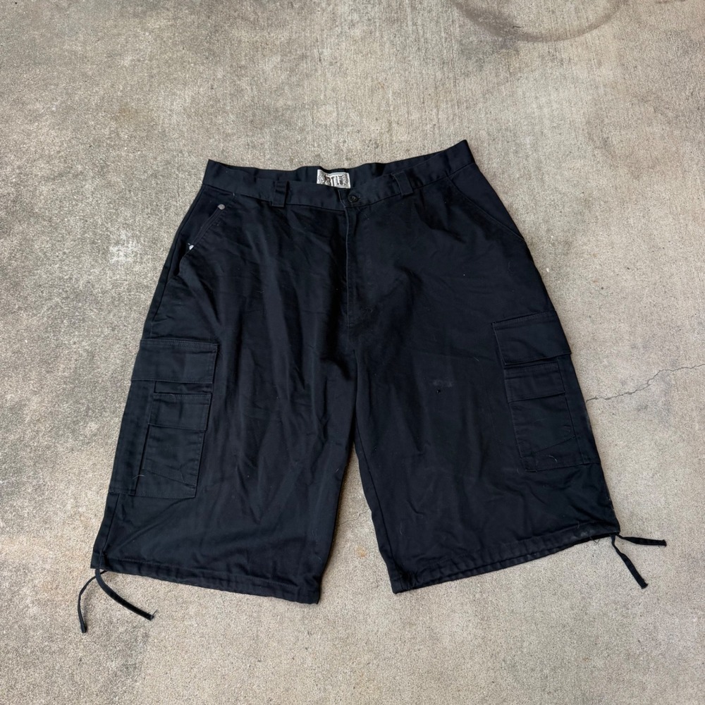 BTL Mens Black Cargo Shorts Baggy Streetwear Skate Size 38 Drawstring Hem